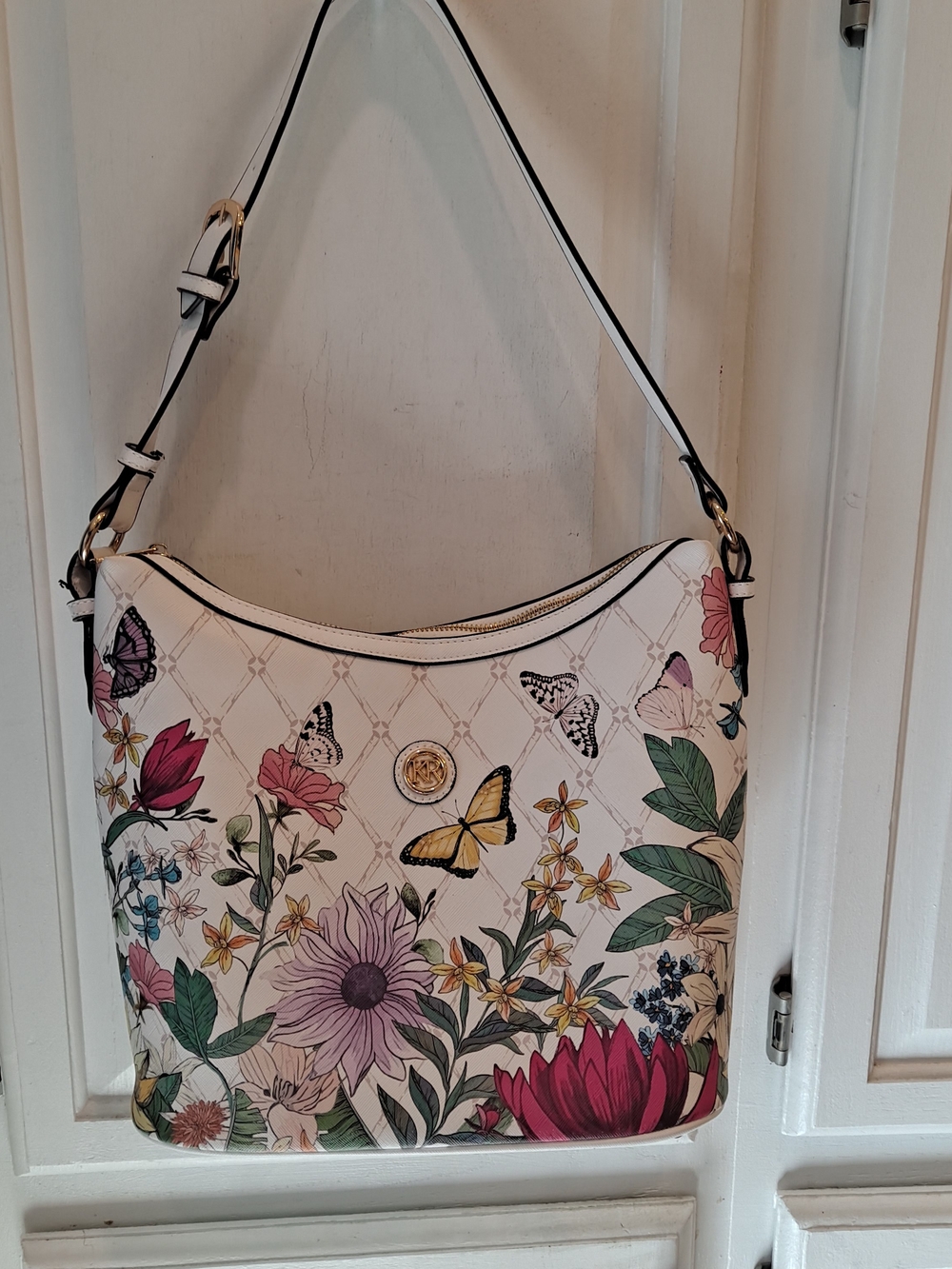 Kim Rogers Hobo Botanical Butterfly White Saffiano Shoulder Bag Spring Summer